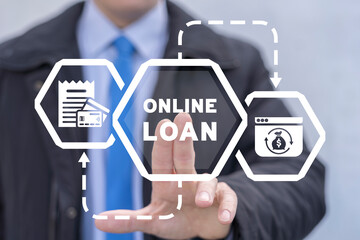Man using virtual touchscreen presses inscription: ONLINE LOAN. Concept of online banking or loan service. Instant loan.