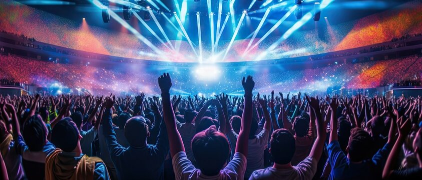 People throw their hands in the air at a concert, panorama (Generative AI, Generativ, KI)