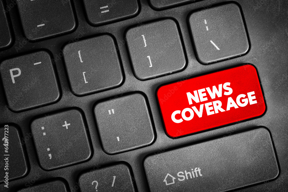 Poster news coverage text button on keyboard, concept background