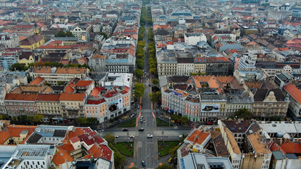 Aerial view of Budapest, Andrassy Avenue, Oktogon square, Pest Hungary