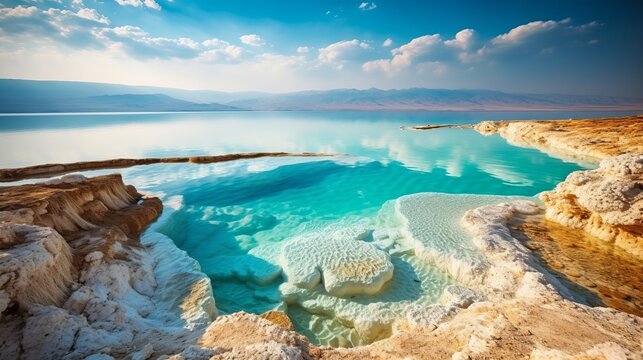 Mountain and the blue Dead Sea in Israel. Generative AI