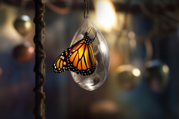 Close-up of a butterfly emerging from its chrysalis made with generative ai