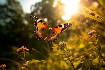 Close-up of a butterfly spreading its wings to bask in the sunlight made with generative ai
