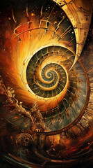 A painting of a spiral with a clock on it. Generative AI.