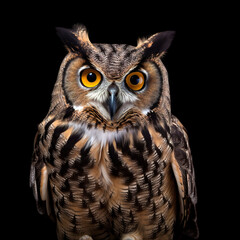 Obraz premium A close up of an owl on a black background. Generative AI.