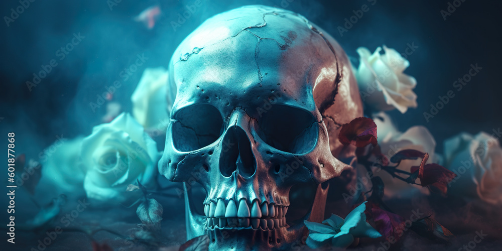 Poster a close up of a skull with flowers in the background. generative ai.