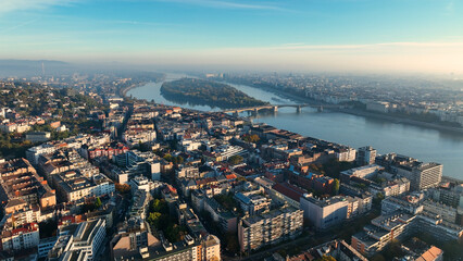 Obraz premium Budapest city sunrise skyline, aerial view. Danube river, Buda side, Hungary