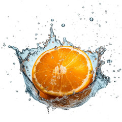 Fototapeta na wymiar Orange splashing into water on a white background