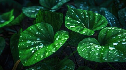 leaves and flowers in the rain with water drops, generative ai