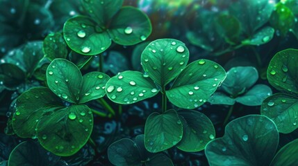 Clover leaves in the rain with water drops, generative ai