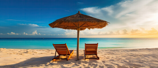 Turquoise sea, deckchairs, white sand and sun umbrella - AI Generated