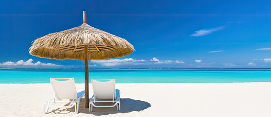 Turquoise sea, deckchairs, white sand and sun umbrella - AI Generated