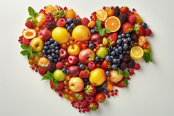 Naklejka na ściany i meble Heart shape created with fresh fruits on pastel isolated background.Healthy life concept.Top view.Created with generative ai