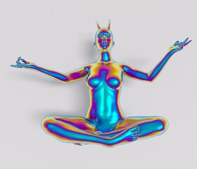 3D illustration of a woman with horns sitting in a zen pose.