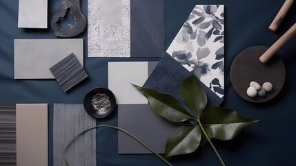 Aesthetic flat lay composition in grey and navy color palette with textile and paint samples, lamella panels, leaves and tiles. Architect and interior designer moodboard. Top view. Copy space.