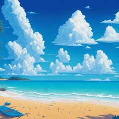 Arte digital das praias Brasileiras com jangada. Ilustração da beira-mar do Brasil. Desenho das belas praias com nuvens e coqueiros. - obrazy, fototapety, plakaty