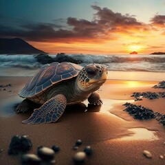 beautiful turtle on a beach at sunset, generative AI