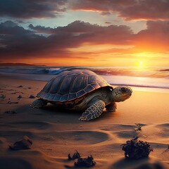 beautiful turtle on a beach at sunset, generative AI