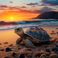 beautiful turtle on a beach at sunset, generative AI