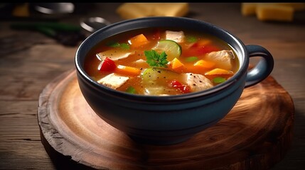Tasty vegetable soup with chicken fillet. Generative AI - obrazy, fototapety, plakaty