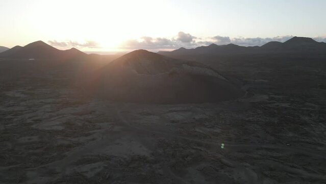Aerial shot of Volcano El Cuervo at sunset, Timanfaya National Park, Tinajo, Las Palmas, Lanzarote
