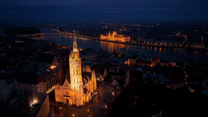 Aerial view of Budapest Hungarian Parliament Building, Matthias church, Fishermans Bastion and...
