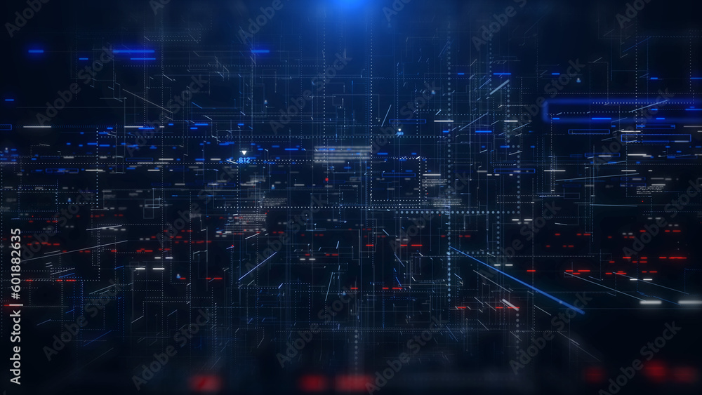 Fototapete Digital technology big data connection fly through loop. Abstract simple geometric shape with binary number code illustration background.