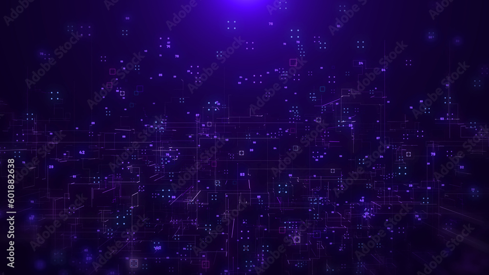Fototapete Abstract digital big data structure futuristic network connection technology Illustration. Basic geometric shape with binary number code purple color background.
