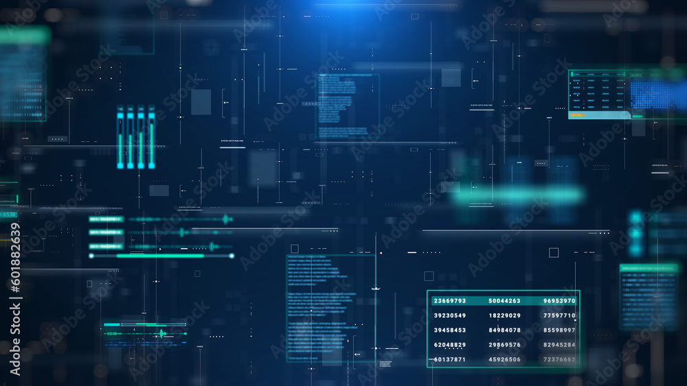Leinwandbilder Futuristic user interface infographic with digital hologram information display. HUD system technology. Aerial landscape view illustration background.