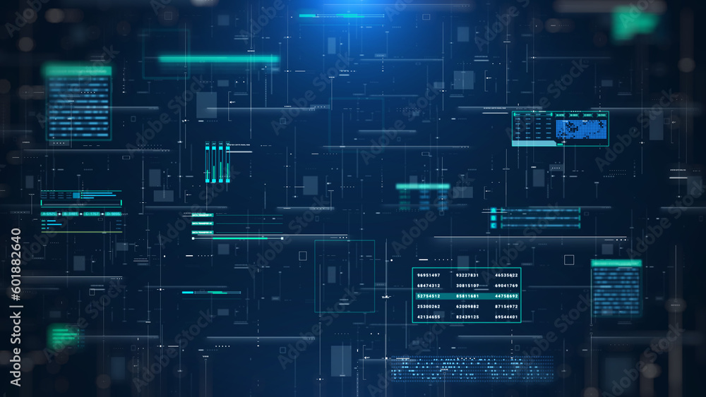 Poster Futuristic user interface infographic with digital hologram information display. HUD system technology. Aerial landscape view illustration background.