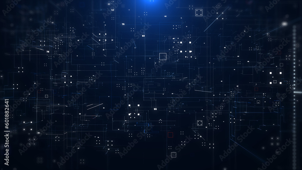 Aufkleber Technology digital line corner structure cyber data network connection concept. Abstract 3d futuristic fly trough areal view illustration background