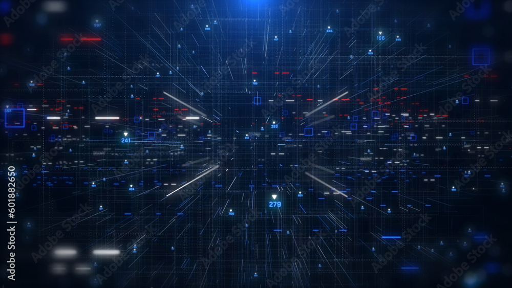 Poster Technology digital futuristic cyberspace data network structure concept background. Blue future scifi transmission line front perspective view background.
