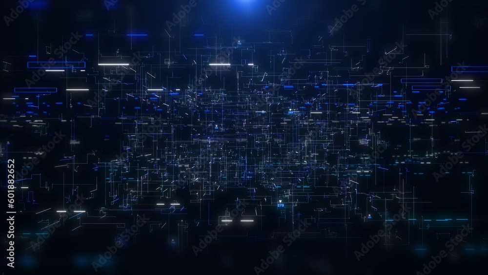 Fototapete Abstract technology background of digital data binary code, speed flicking dash signal, hud interface system analysis dashboard illustration.
