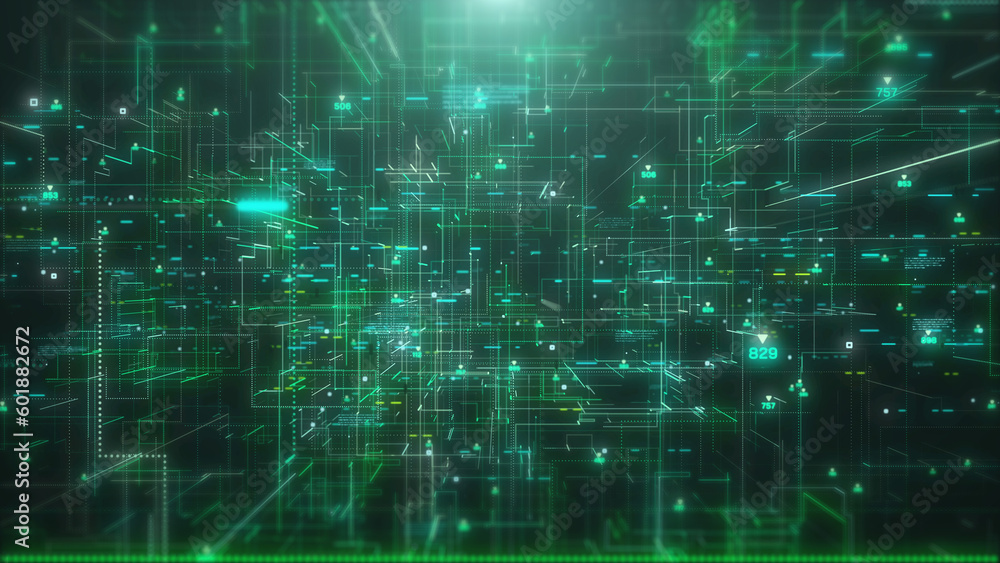 Poster HUD futuristic UI transferring data simulation template concept 4K motion. Green AI analytic platform concept technology background