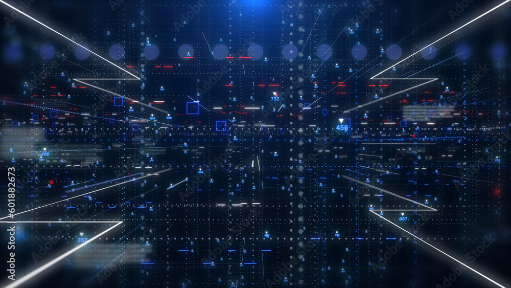 Poster Technology digital futuristic cyberspace data network structure concept background. Blue future scifi transmission line front perspective view background.