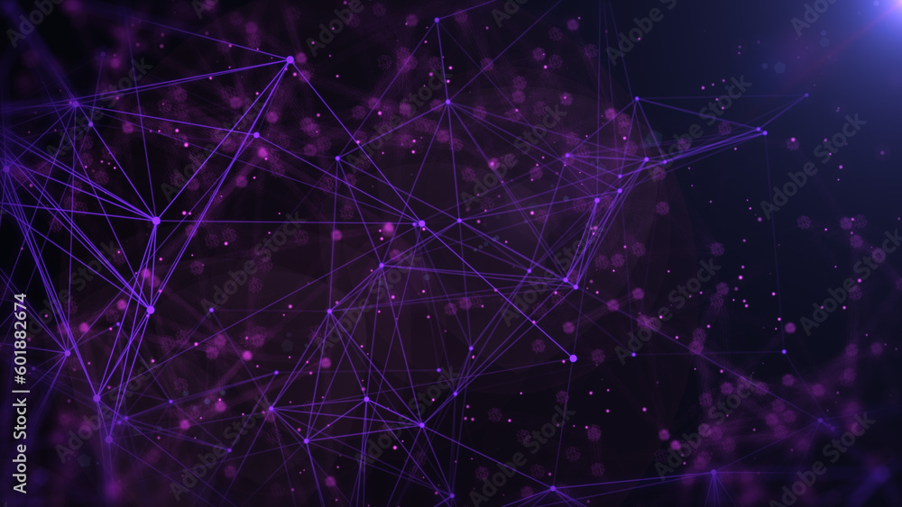Aufkleber Technology digital purple low poly connection flowing wave with glow lens flare futuristic structure. Big data visualization illustration background.