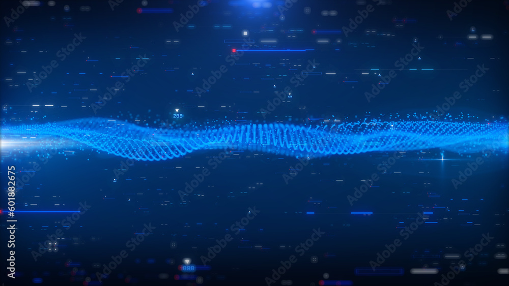 Aufkleber Technology digital defocused grid pattern wave moving, swirl in hud ui system concept. Blue cyber space data network communication illustration background