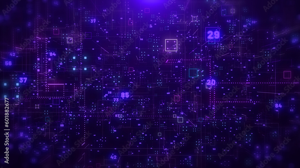 Fototapete Abstract digital big data structure futuristic network connection technology Illustration. Basic geometric shape with binary number code purple color background.