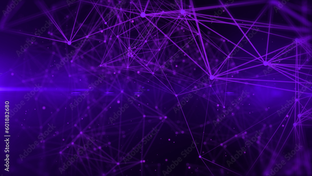 Poster Technology digital purple low poly connection flowing wave with glow lens flare futuristic structure. Big data visualization illustration background.