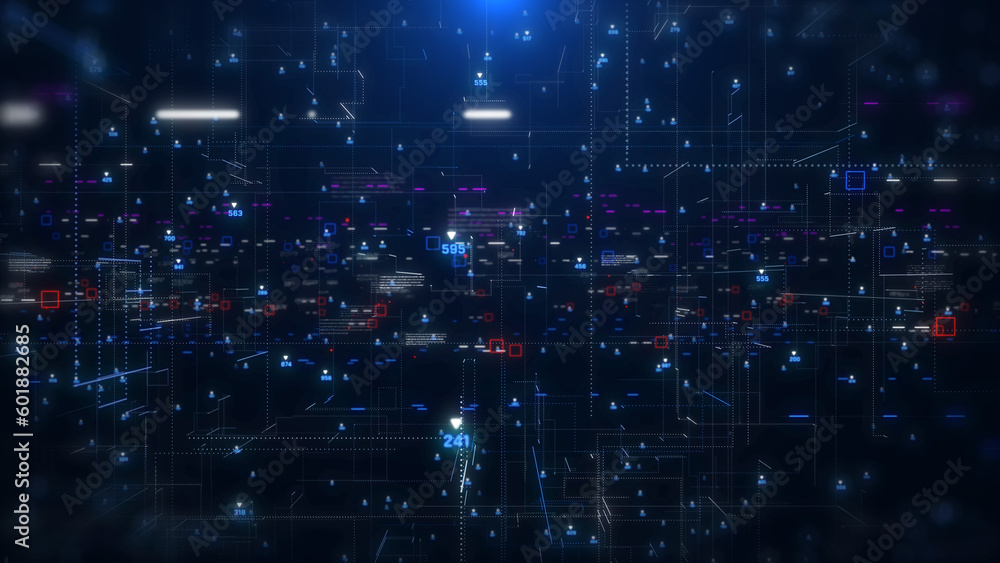 Fototapete Digital technology big data connection fly through loop. Abstract simple geometric shape with binary number code illustration background.