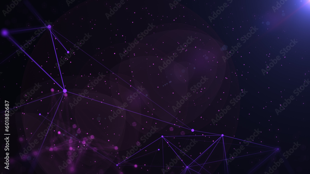 Aufkleber Technology digital purple low poly connection flowing wave with glow lens flare futuristic structure. Big data visualization illustration background.