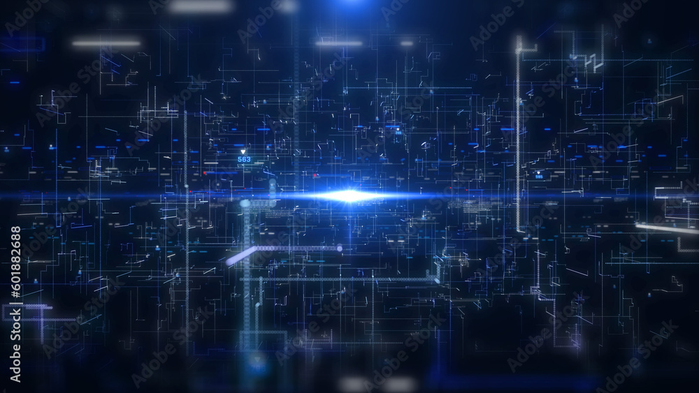 Aufkleber Abstract technology background of digital data binary code, speed flicking dash signal, hud interface system analysis dashboard illustration.
