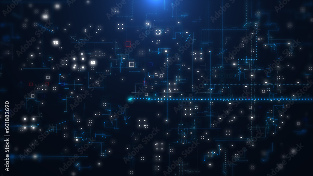 Poster Futuristic technology big data network statistics simulation background. Digital line square structure storage transfer illustration background.