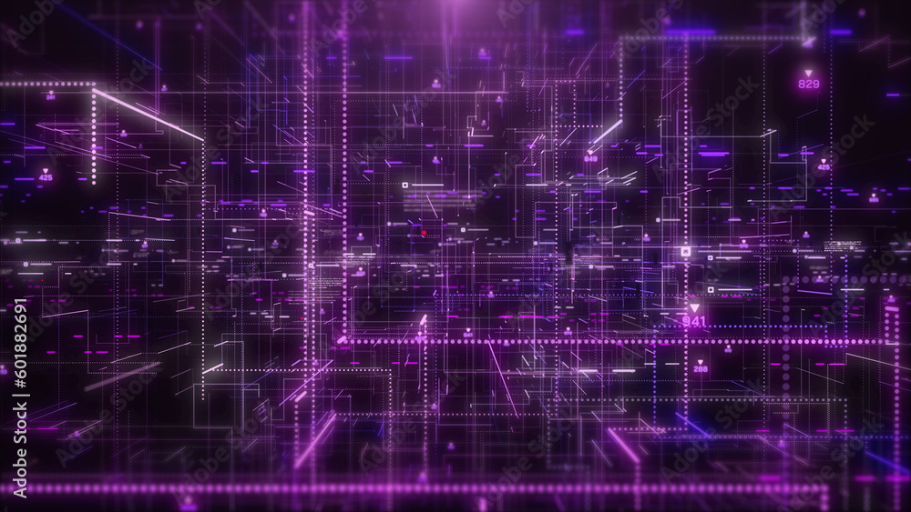 Aufkleber Abstract technology background of digital big data simulation code, speed flicking, running line signal, hud interface system analysis dashboard illustration background.