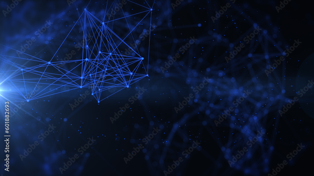 Aufkleber Abstract low polygonal blue cyberspace network connection flowing structure with horizontal flickering lens flare illustration background.