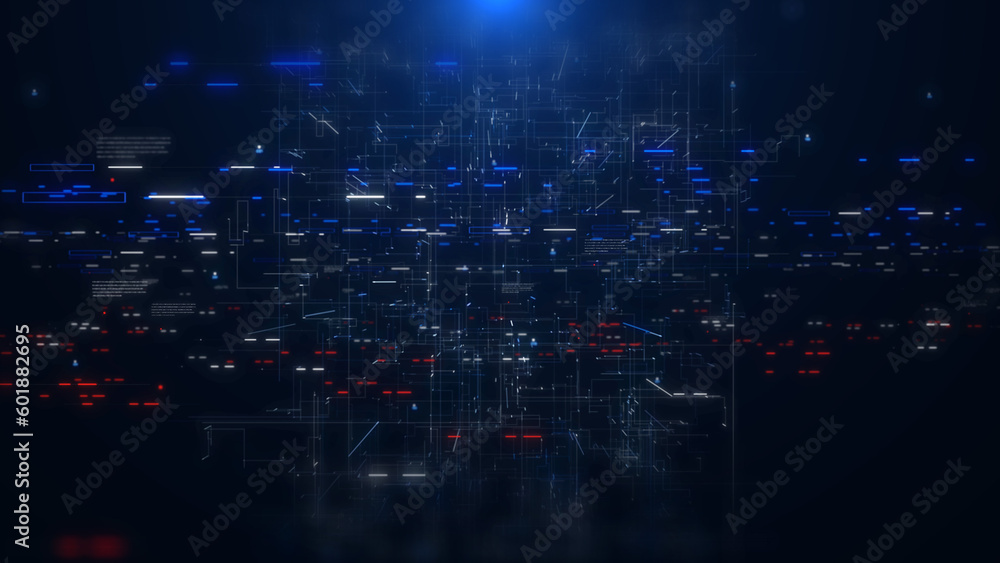 Fototapete Digital technology big data connection fly through loop. Abstract simple geometric shape with binary number code illustration background.