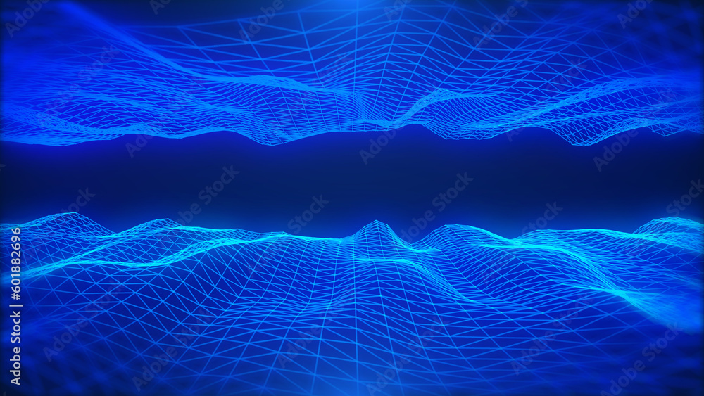 Aufkleber Abstract technology futuristic blue dynamic wave data flowing landscape horizontal tunnel illustration concept background.