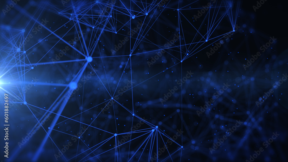 Poster Abstract low polygonal blue cyberspace network connection flowing structure with horizontal flickering lens flare illustration background.