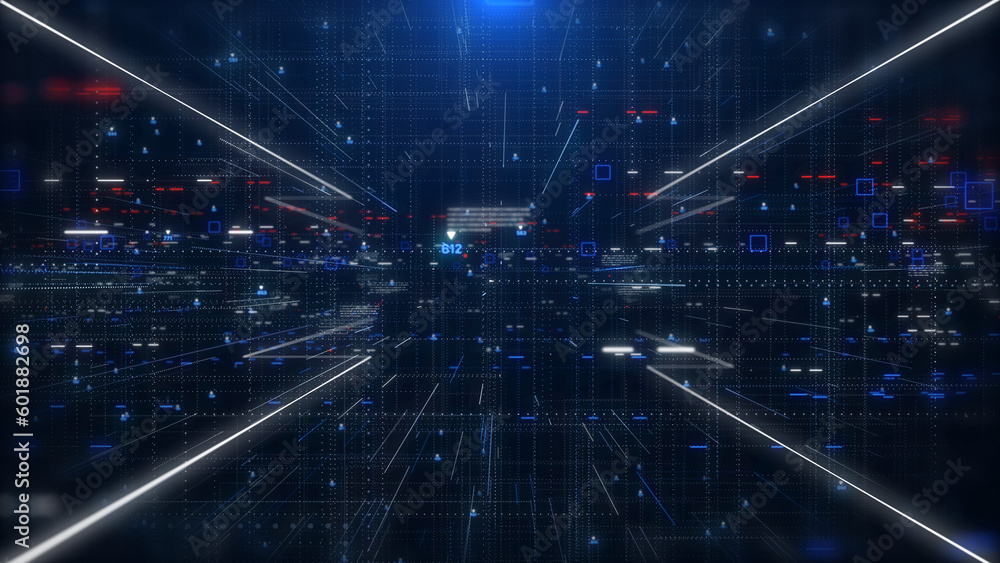 Poster Technology digital futuristic cyberspace data network structure concept background. Blue future scifi transmission line front perspective view background.