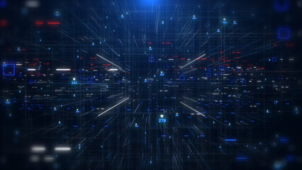 Fototapeta na wymiar Technology digital futuristic cyberspace data network structure concept background. Blue future scifi transmission line front perspective view background.
